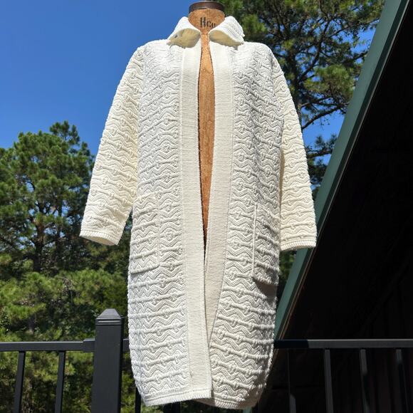 Vintage 60s Scalloped Collar Chunky Knit Long Cardigan Duster Sweater Robe M L - Picture 6 of 8